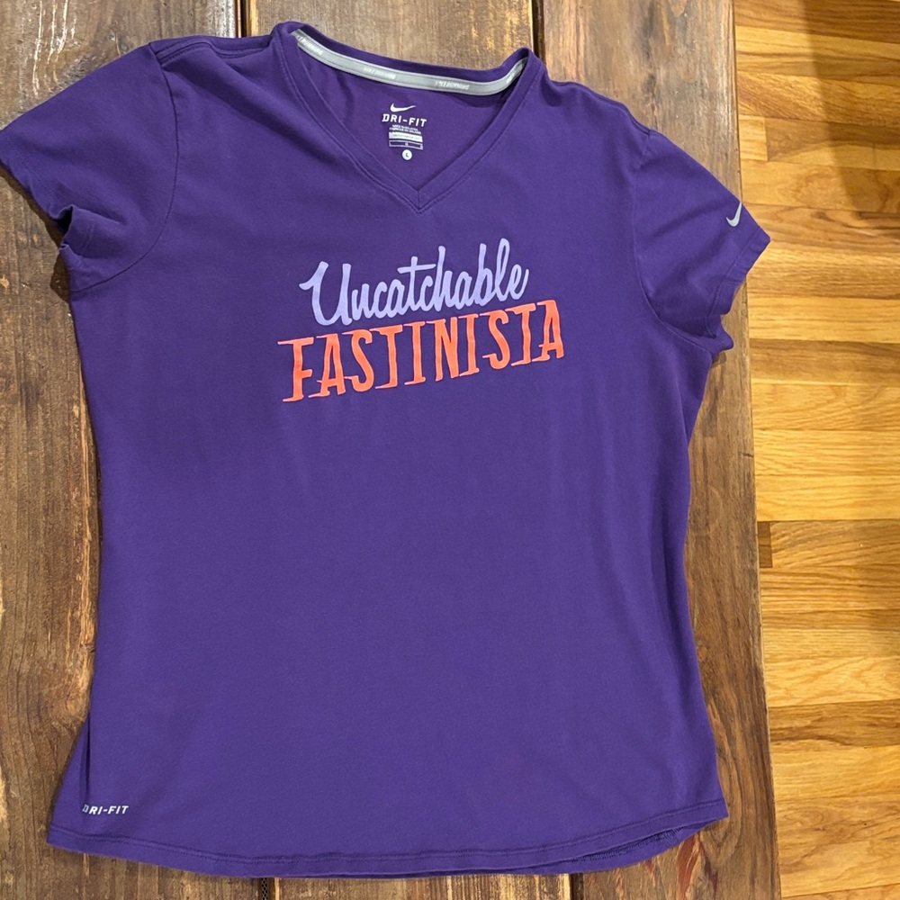 Nike Purple V-Neck Dri-FIT Graphic Short Sleeve Tee Women Size L